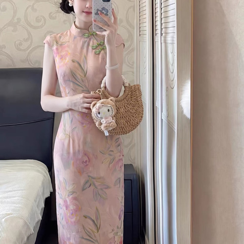 Mimo dk 粉窗春序'新中式蝴蝶晕染改良旗袍女夏季印花修身连衣裙