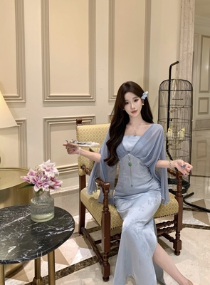 Mimo dk【月芙】新中式清冷感蓝色改良旗袍收腰温柔国风连衣裙