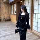 黑汝兔 国风复古提花旗袍兔毛两件套加绒丝绒连衣裙 Mimo dk新中式