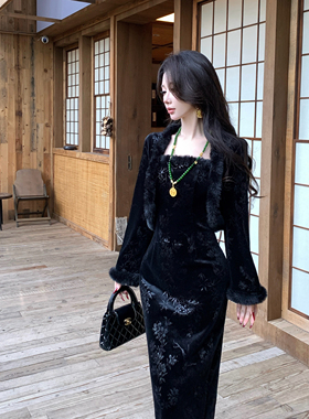 Mimo dk新中式国风复古提花旗袍兔毛两件套加绒丝绒连衣裙 黑汝兔
