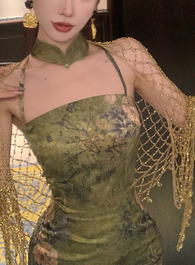 Mimo dk国风改良旗袍年轻款复古挖肩挂脖开叉修身显瘦绿色连衣裙