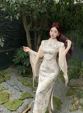 Mimo dk新中式国风清冷感旗袍日常中国风温柔气质提花连衣裙 蓝茶