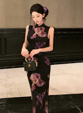 紫色蝴蝶国风中式长款无袖改良旗袍2026新款年轻款女复古修身日常
