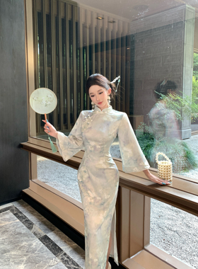 新中式国风改良旗袍倒大袖花瓣领气质绝美清冷感素雅蓝绿色连衣裙