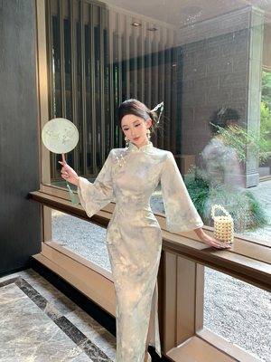 新中式国风改良旗袍倒大袖花瓣领气质绝美清冷感素雅蓝绿色连衣裙
