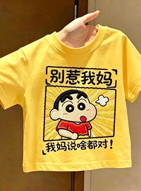 纯棉男童短袖T恤别惹我妈卡通趣味印花中大童男女宝宝百搭上衣潮t
