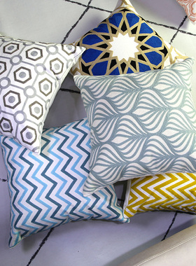 北欧几何刺绣花抱枕套样板房棉麻靠垫简约客厅沙发蓝色飘窗风格枕