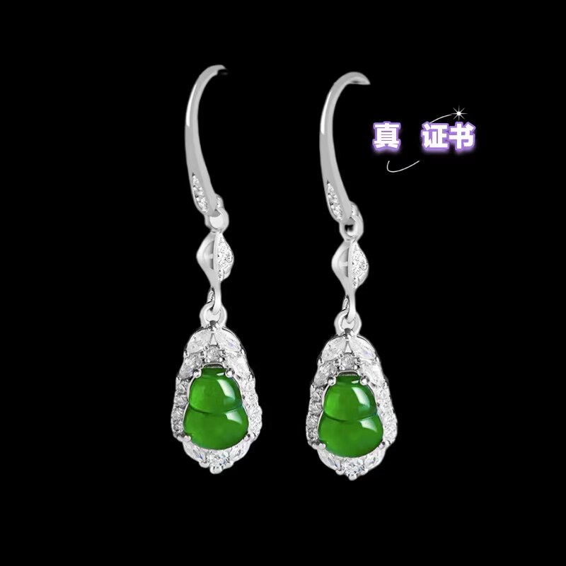 S925银镶天然A货翡翠阳绿耳环葫芦耳饰冰种玉石时尚耳坠耳饰_虎窝淘