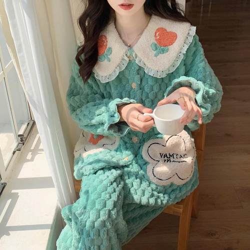 睡衣女秋冬季珊瑚绒加厚加绒保暖可爱甜美法兰绒秋冬天家居服套装