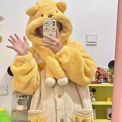 秋冬季新款珊瑚绒加绒加厚可爱小熊睡衣女毛绒长款噗噗睡袍睡裙