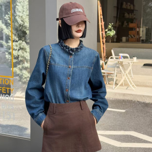 高级感韩风深蓝牛仔衬衫女2026春秋木耳花边立领叠穿衬衣外套上衣