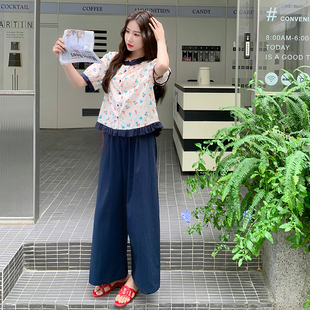裤 木耳边印花上衣阔腿裤 短袖 套装 子休闲两件套 女夏超火2025夏新款