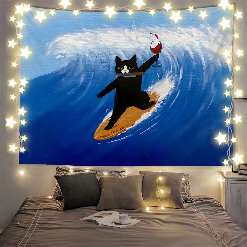 黑猫艺术挂布插画ins另类小众背景布学生宿舍寝室床头墙壁装饰布