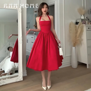 “贝微微红裙”法式复古红色挂脖连衣裙女收腰显瘦大摆中长款气质