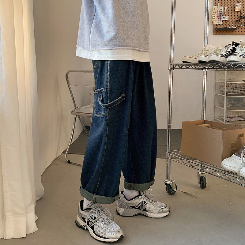 春季港風文藝工裝日系寬鬆休閒口袋男牛仔褲墜感直筒闊腿褲老爹褲