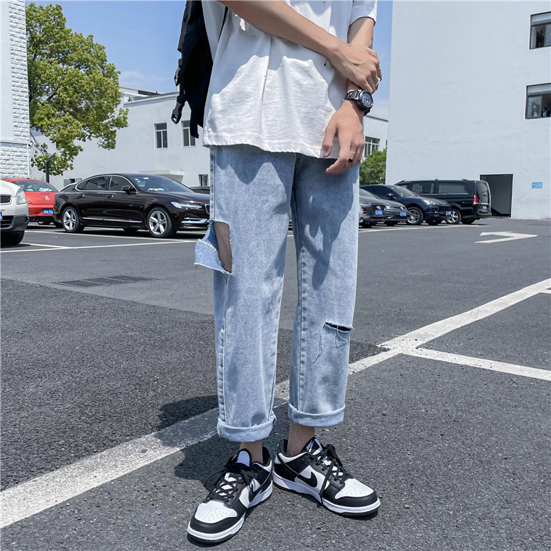 高街潮牌破洞寬鬆直筒拖地牛仔褲青少年夏季新款乞丐褲百搭九分褲