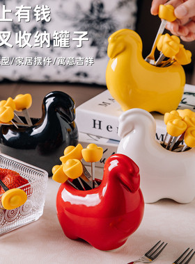 马年创意304不锈钢水果叉套装家用安全带收纳罐果签甜点叉高颜值