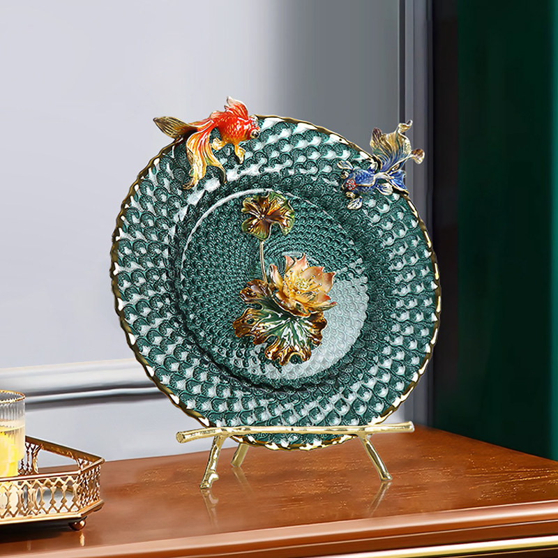 珐琅彩如鱼得水摆件装饰盘客厅玄关办公室桌面轻奢高档乔迁新居