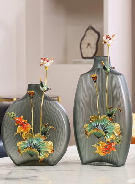 中式古典玻璃花瓶摆件客厅装饰品荷花金鱼刺绣工艺品家居