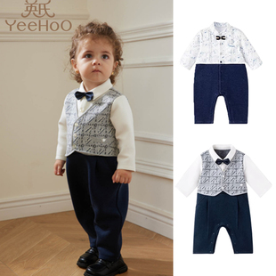 英氏童装宝宝春秋连身衣男童羊绒连体衣假两件哈衣爬服YRHAJ3P119