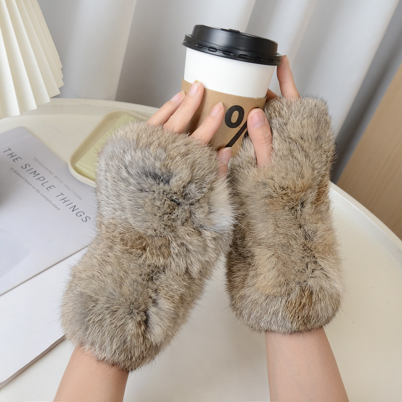 兔毛皮草手套可爱毛茸茸秋冬季女生双面毛绒加厚加绒保暖半指弹力