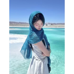 薄款文艺丝巾防晒蓝色青海湖川西旅游棉麻围巾女大西北废土风披肩