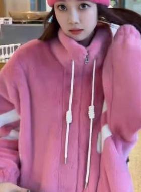 拼色加厚洋气毛毛棒球服外套女秋冬新款休闲百搭宽松外衣A8835