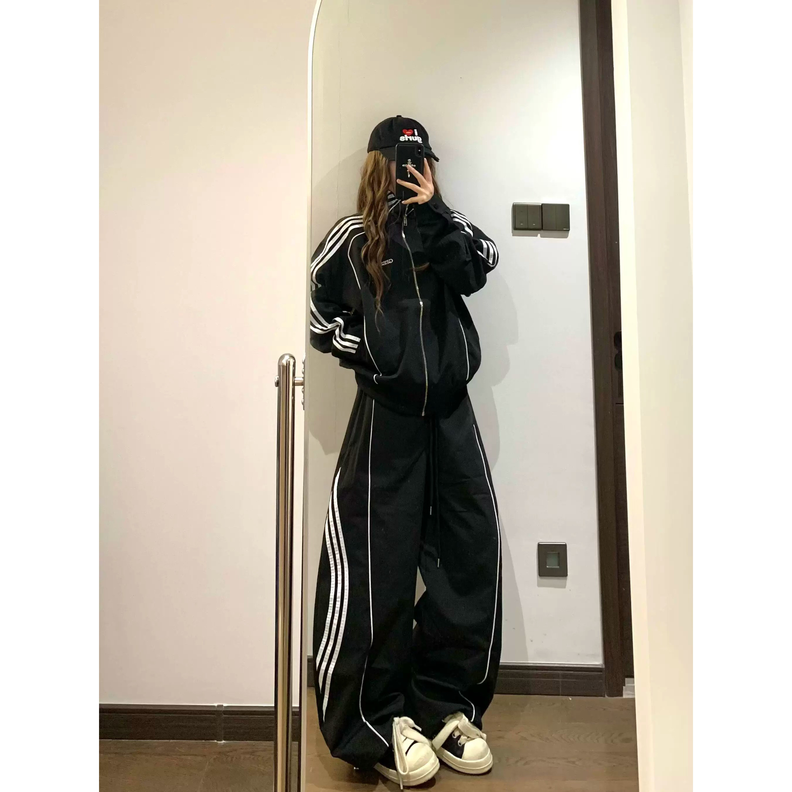 黑色三条杠工装裤女春秋夏美式高街运动卫裤阔腿休闲嘻哈跳舞裤子