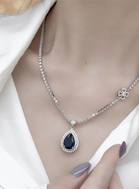 欧美奢华蓝宝石项链镶嵌复古吊坠蓝色锁骨链轻奢小众百搭气质时尚