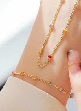 18k黄金蓝宝石彩虹手链项链女k金ins小众设计珠宝轻奢网红礼物款