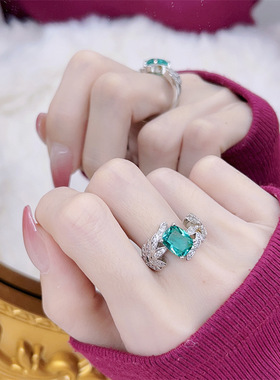 欧美复古中古祖母绿轻奢戒指女开口指环百搭抖音直播网红闺蜜