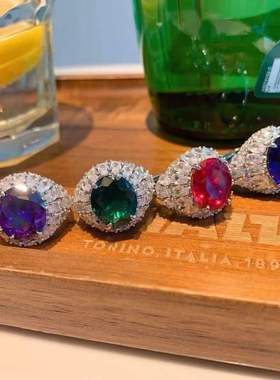 新品欧美戒指女彩宝多色红宝石蓝宝流行紫锆石复古款开口气质饰品