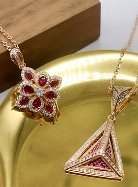 精致红宝石菱形镂空项链女ins气质香槟金锁骨链高级感网红款直播