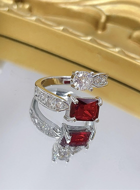 复古高级感鸽血红戒指开口精致红刚玉指环轻奢气质红宝石手饰