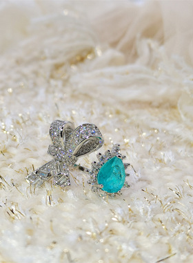 彩宝高级感帕拉伊巴蓝宝石蝴蝶戒指女ins开口气质百搭食指环网红