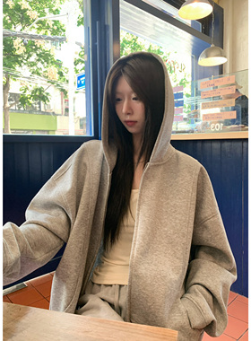 HVIVI美式休闲连帽卫衣开衫女秋冬宽松慵懒风百搭拉链上衣外套