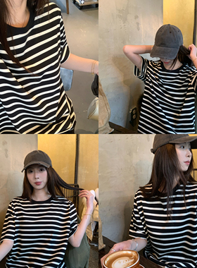 HVIVI 2026新款经典减龄休闲时尚慵懒风加棉黑白撞色条纹短袖T女