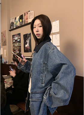 HVIVI 春季新款独特漂亮经典美式复古水洗宽松加棉拼色牛仔外套女