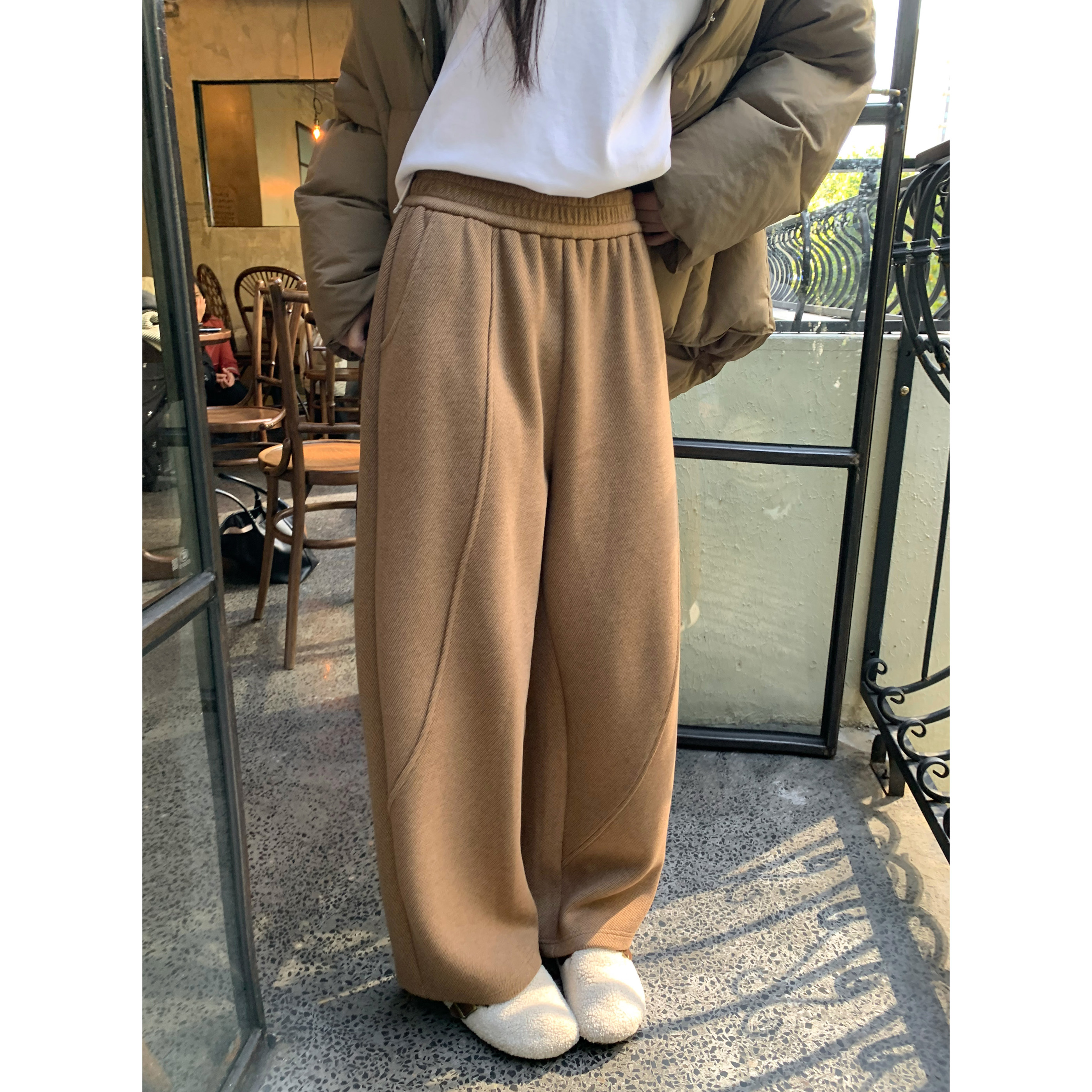 不规则拼接设计直筒休闲裤