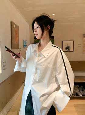 HVIVI编织带设计感撞色休闲衬衫女春秋新款宽松慵懒风百搭上衣