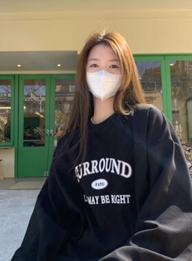 HVIVI华夫格美式复古字母长袖T恤女印花宽松慵懒风百搭休闲上衣