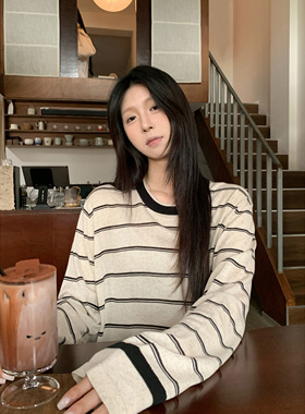 HVIVI 圆领条纹罩衫秋新款女设计感宽松慵懒风薄款长袖针织衫上衣