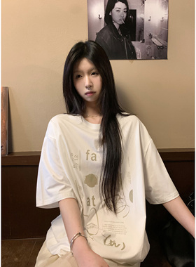 HVIVI夏季新款印花短袖圆领T恤女宽松休闲落肩半袖中长款上衣薄