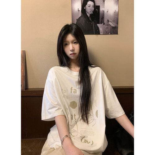 美式印花宽松慵懒风落肩短袖T