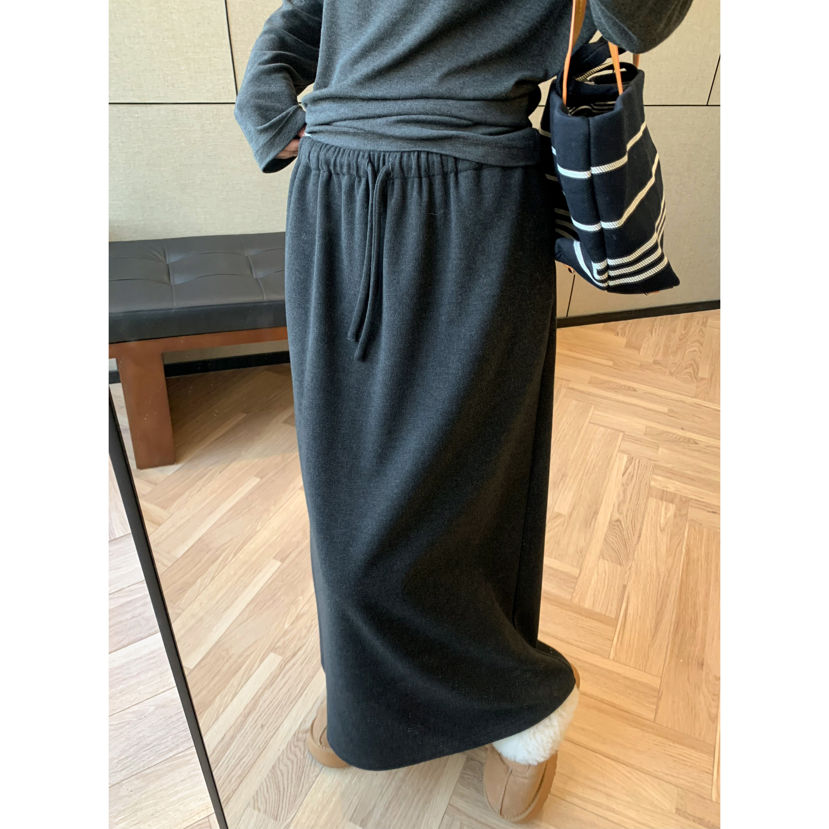 抽绳休闲直筒松紧腰半身裙