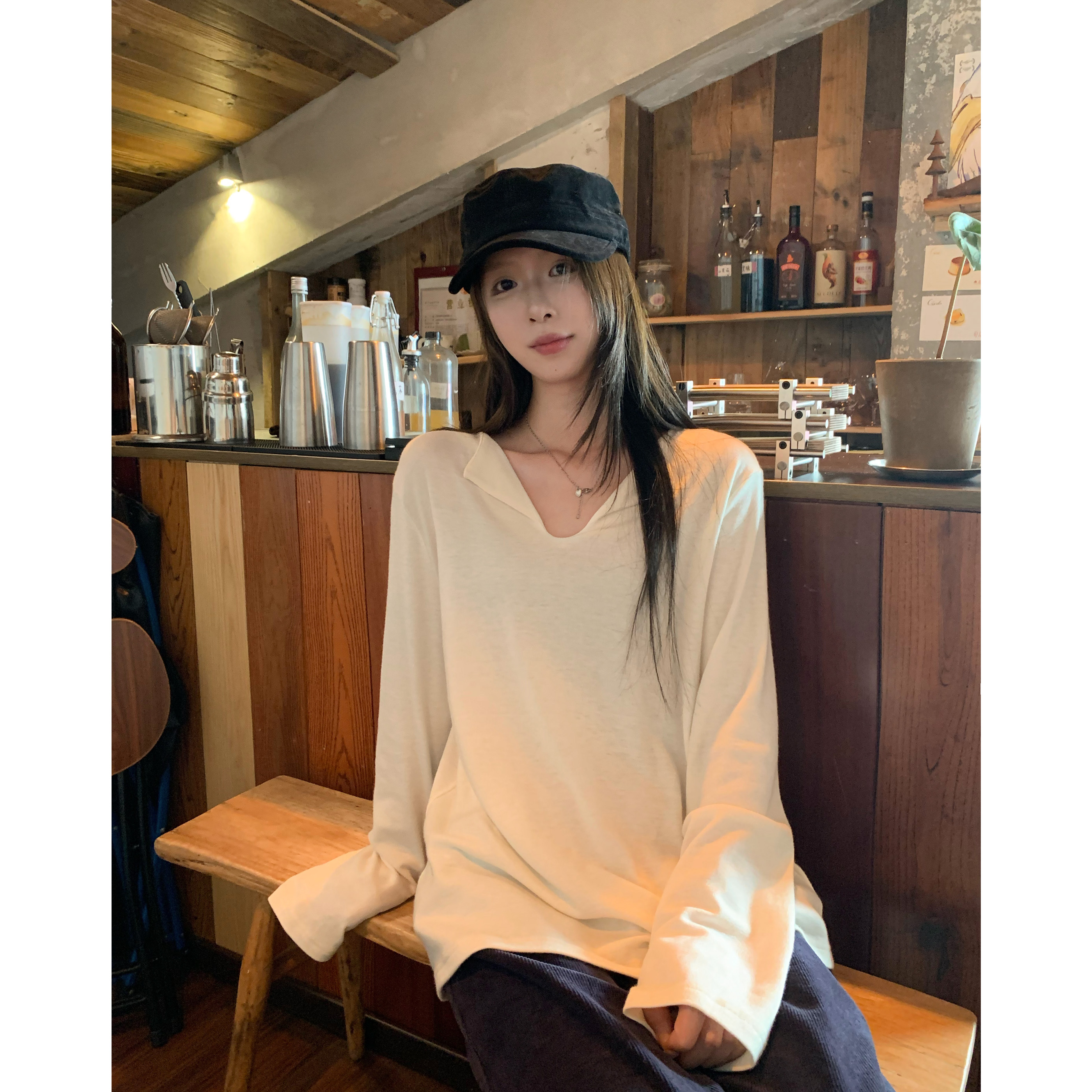 简约松弛显瘦翻领长袖T恤上衣