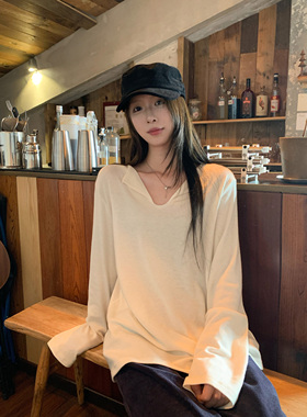 HVIVI 简约显瘦小翻领长袖T恤女秋冬宽松基础百搭气质打底衫上衣