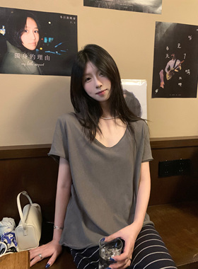 HVIVI 毛边V领简约短袖T恤女夏新款垂感宽松休闲显瘦百搭打底上衣