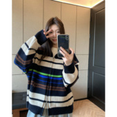 HVIVI撞色条纹绵羊毛复古拉链针织开衫 女2026新款 宽松毛衣外套