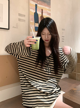 HVIVI休闲条纹圆领长袖T恤女宽松百搭慵懒夏日轻薄防晒罩衫上衣